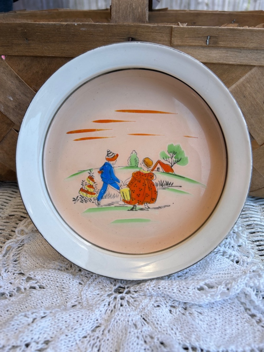 Vintage Child’s Dish Hand-Painted with Jack and Jill Cottage Scene.